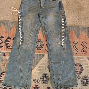 Edikted Denim Wide Leg Jeans with Lace-Up Detail